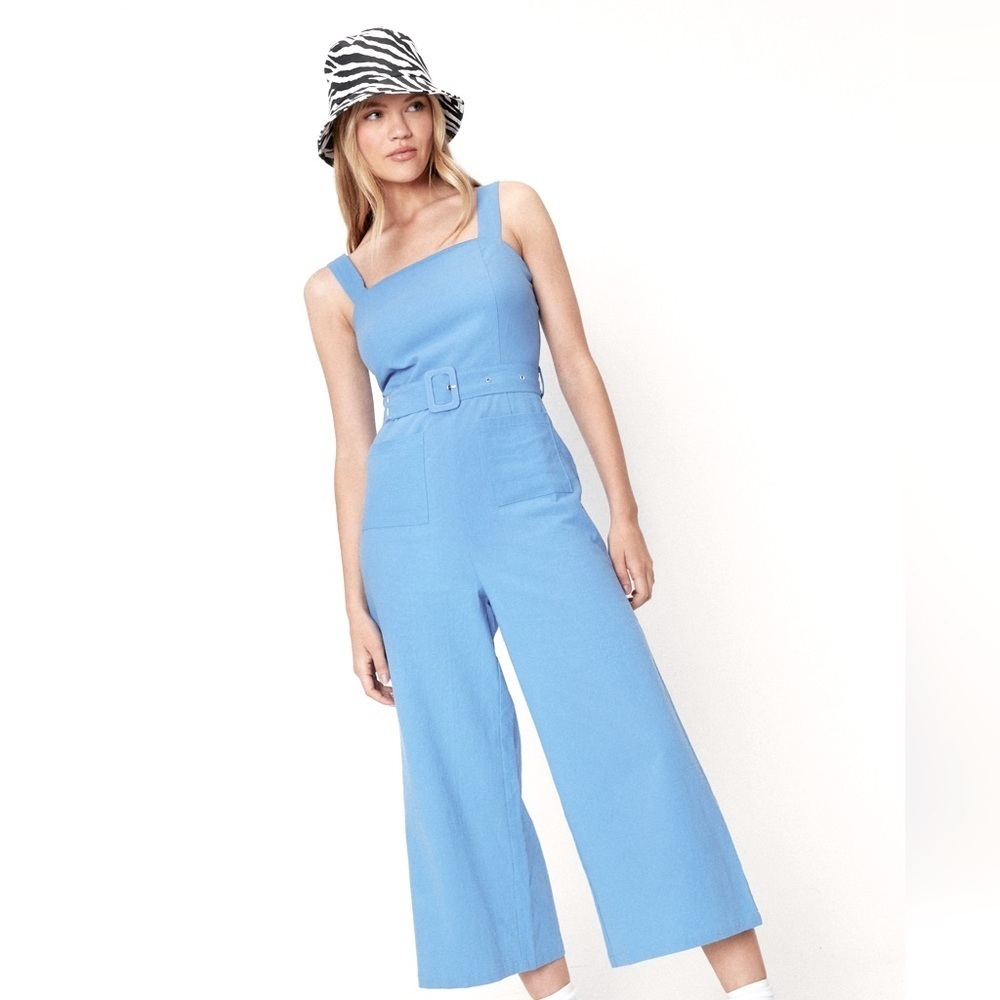 Nasty Gal- Square Neck belted cropped wide leg jumpsuit. Color- dungaree blue